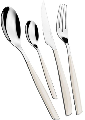 BUGATTI, Glamour, 4-teiliges Besteckset aus Edelstahl 18/10 und Farbgriff Ivory. Besteckset für 1 Person bestehend aus 1 Löffel, 1 Gabel, 1 Messer und 1 Kaffeelöffel