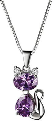 Aoneky Amethyst Katze Anhänger Halskette, 45cm Kette 925 Sterling Silber mit Schmuckschatulle - lila Schmuck Halskette - Geschenk für Frauen, Tochter, Mutter, Weihnachten, Valentinstag