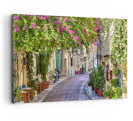 Bilder auf Leinwand 100x70cm Leinwandbild Straße dekoration blumen griechenland Groß Wanddeko Bild Schlafzimmer Deko Wandbilder Dekoration Wohnzimmer Decor Canvas Wand Kunstdruck Art AA100x70-2429