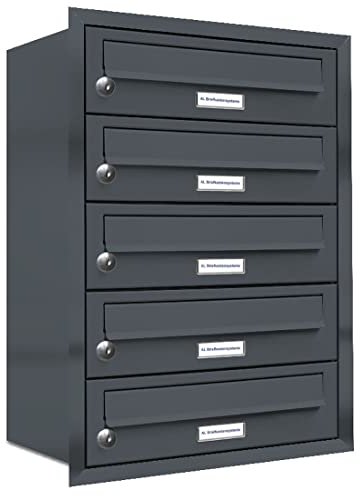 AL Briefkastensysteme, 5er Unterputzbriefkasten in Anthrazit Grau RAL 7016, 5 Fach wetterfeste Briefkastenanlage Design modern