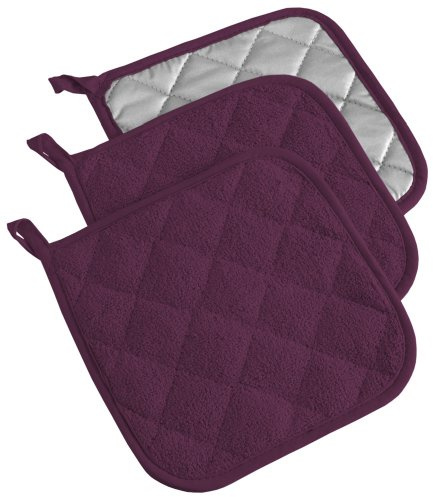 DII Basic Terry Collection Quilted 100% Cotton, Potholder, Eggplant, 3 Piece