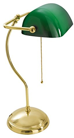 Licht-Erlebnisse Premium Bankerlampe Echt-Messing Glas in Messing Grün Arbeitszimmer Büro 44 cm E27 max. 60W Zugschalter edle Jugendstil Tischleuchte