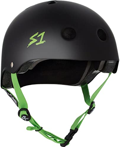 S1 Lifer Helmet for Skateboarding, BMX, and Roller Skating - Black Matte w/Bright Green Straps, X-Large (22.5)