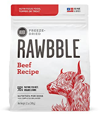 BIXBI Rawbble - Alimento liofilizado para Perros, Receta de Carne de Res, 12 onzas, 98% de Carne y órganos, sin Rellenos, Comida cruda Apta para despensa para Perros, para Comidas, golosinas o