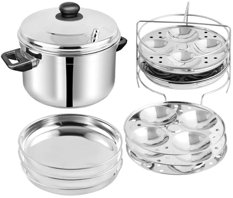 Vinod Stainless Steel Multi-Pot–9-Piece Large Set | 23.5 cm Pot with 4 Idli & 4 Dhokla Plates | Induction & Gas Compatible | Sturdy Handles & Lid | Healthy Cooking | Idli & Dhokla Maker