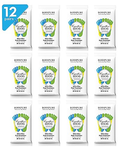 Bodipure All-In-1 Moisturizing Foot Mask, Keratin & Vitamin E Foot Mask for Dry Cracked Feet, Callus & Heel Softening, Easy-to-Use Pedicure Foot Repair, Chemical-free Feet Treatment 12 Pairs