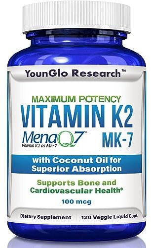 YounGlo Research Vitamin K2 MK7 (MenaQ7) 100 mcg w/Coconut Oil for Superior Absorption, Dietary Health Supplement, 120 Vegan Liquid Capsules to Support Bone Strength & Density for Adults Women & Men