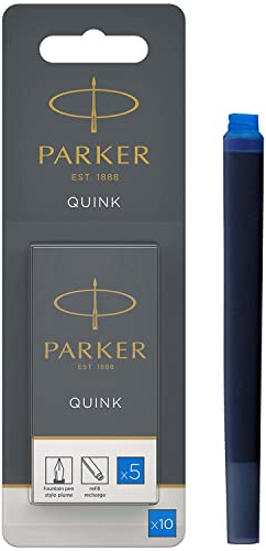 Parker Fountain Pen Ink Refill Cartridges | Long | Washable Blue QUINK Ink | 10 Count (Blister)