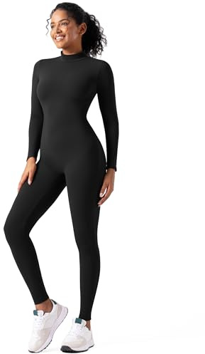 Women Bodysuit Rompers Long Sleeve Jumpsuits Leotards One Piece Tummy Control Yoga Workout Outfits – Stretchy Full-Length Catsuit for Performance, Praise Dance, Biketards, and All-Season Base Layer