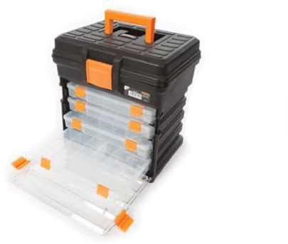 Perel Coffret de rangement multifonctionnel, boite à outils, boite de rangement vide, caisse outil plastique, portable, avec 4 boîtes amovibles, noir/orange, 340 x 272 x 341 mm