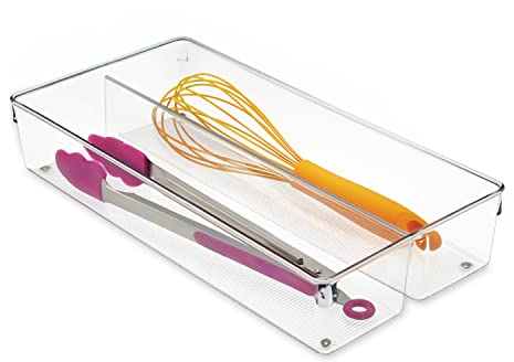 iDesign Schubladen Organizer mit 2 Fächern, großer Schubladeneinsatz aus Kunststoff, Besteckkasten für Schubladen in Küche, Bad und Büro, durchsichtig, Extra Large
