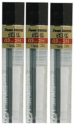 Pentel 0,5 mm Taille 2H Abat-jour Dureté crayon recharge Remplacement de mines Hi Pollymer Super pour automatique et porte-mines (lot de 3 tubes – 36 Pièces)