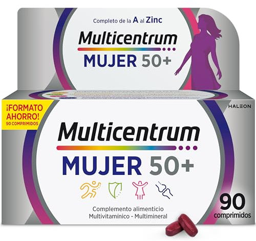 Multicentrum Mujer 50+ Complemento Alimenticio Multivitamínico y Multimineral para Mujeres 50+, Con Vitamina C y Zinc; Postmenopausia, Sin Gluten, 90 Comprimidos