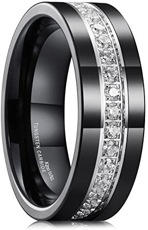 King Will Mens 8mm Black Polished Finish Tungsten Carbide Ring Cubic Zircon Stones Flat Style Wedding Band(10)