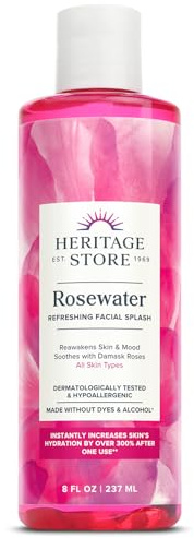 HERITAGE STORE Rosewater - Refreshing Facial Splash for Glowing Skin with Damask Rose - All Skin Types - Rose Water for Face - Made Without Dyes or Alcohol, Hypoallergenic, Vegan, Cruelty Free, 8oz