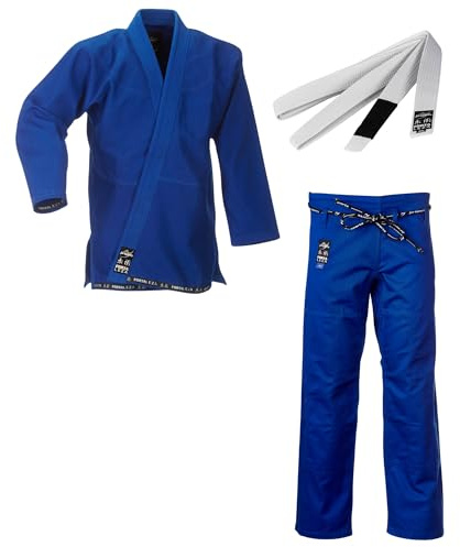 Ju-Sports BJJ Starter Gi Fortaleza Blau + BJJ Gürtel Weiß A2 I Leichter & solider Brazilian Jujutsu Anzug für Einsteiger I BJJ Gi Herren I 100% Baumwolle