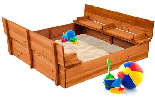 Best Choice Products Large Outdoor Wooden Sand Box for Kids, Sandbox with Cover, Bench Seats Support up to 220 lbs, Bottom Liner for Drainage, Cedar Wood - Brown