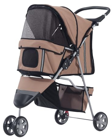 PawHut Dog Stroller, 3 Wheels Foldable Cat Dog Pram with Cup Holder, Storage Basket, Pet Stroller for Small Miniature Dogs, Brown