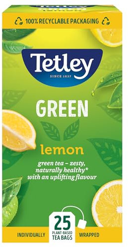 Tetley Lemon Green Tea Bags - Refreshing & Healthy Citrus Blend - Rainforest Alliance Certified - Plant Based Tea Bags - Perfect for a Relaxing Moment - 25 Teabags (1 Pack)