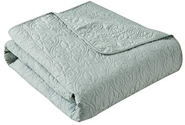 Madison Park Luxe Quilted Throw Blanket - Damask Stitching Design, Cotton Filled Spread, Ultra Soft, Cozy Bedding for Living Room Couch, Sofa, Bed, 60x70, Piping Borders Seafoam