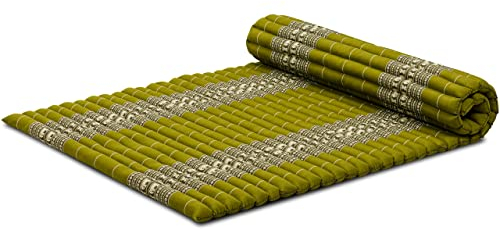 livasia Rollmatte Rollmatratze L breit bequem - 200x110x4,5cm - Gästebett Gästematratze 1 Person, Reisebett Kofferraum outdoor, Thaimatte Kapok Garten Balkon handgefertigt (Grün/Elefanten)