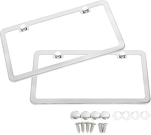 SunplusTrade 2 Stainless Steel Polish Mirror License Plate Frame + Chrome Screw Caps (Silver)