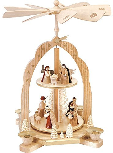 ISDD Pirámide de Navidad nacimiento de Cristo, 2 pisos, 31 cm. de alto, natural, orginal de los Montes Metálicos (Erzgebirge) hecho por la empresa Richard Glaesser del pueblo de Seiffen