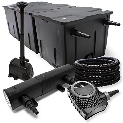Wiltec Komplettset: CBF-350C Teichfilter bis 90000 L Teichfilteranlage, NEO10000 Teichpumpe 10000l/h 80W, CUV-236 Teichklärer 36W, 25m Teichschlauch 25 mm, HJ-943 Springbrunnen 800l/h 16W