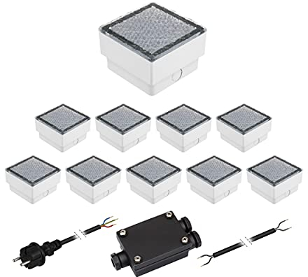 ledscom.de 10er-Set LED Pflasterstein CUS Bodenleuchte für außen, kalt-weiß, 230V, 10x10cm