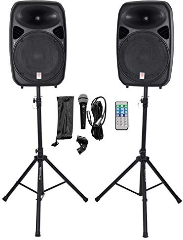 Rockville RPG152K Pair 15 Powered DJ/PA Speakers with Bluetooth/USB/SD, (2) Rugged Tripod Speaker Stands, Wired Microphone, Connection Cables