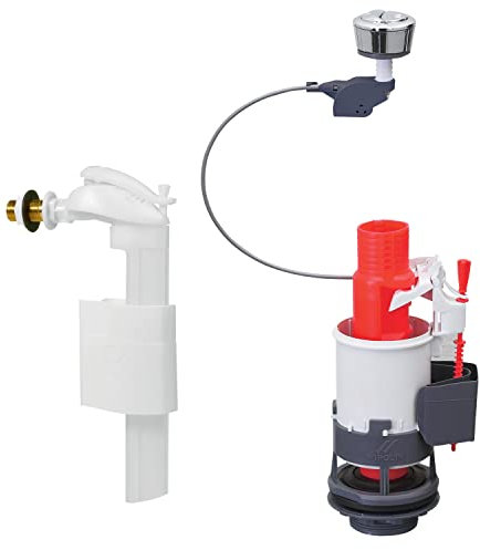 Wirquin MW90C Chasse d'eau wc complète mécanisme wc double chasse MW2 & robinet flotteur à alimentation latérale F90, gris et rouge