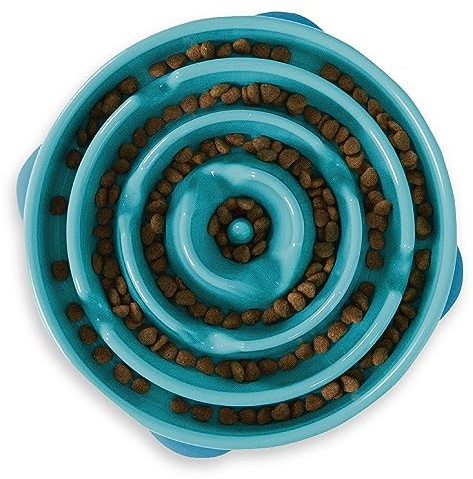 Outward Hound Slow Feeder Dog Bowl - Makes Meal Time Fun, Slows Down Eating, Promotes Healthy Digestion, Prevents Bloat | Slip Resistant and Durable, Food and Water Bowl, Size Large (Turquoise)