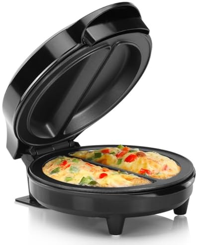 Holstein Housewares Stainless Steel 2 Section Omelet & Frittata Maker, Non Stick Coating, Easy To Clean, Indicator Lights, Compact Storage, Prepare Versatile Recipes in Minutes. 2 Portions, Black