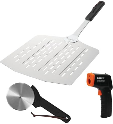 cozze® Set de regalo con pala para pizza, termómetro y cortador de pizza, juego de 3 piezas para los amantes de la pizza