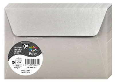Clairefontaine 50076C - Packung mit 20 Umschläge Pollen selbstklebend, Format C6 11,4x16,2cm, 120g, ideal für Ihre Einladungen und Korrespondenz, Silber, 1 Pack
