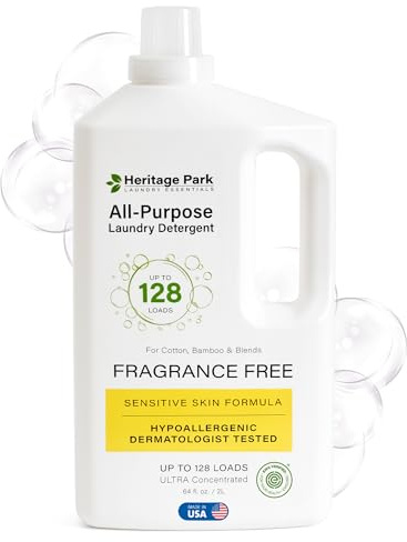 Heritage Park Luxury Laundry Detergent | Dermatologist Tested Plant based Natural & Enzyme Laundry Detergent | Sensitive Skin Friendly - Fragrance Free (64 fl oz)