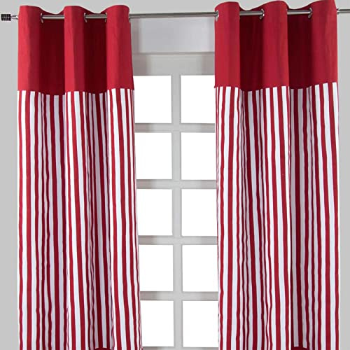 HOMESCAPES – Paire de Rideaux à œillets 100% Coton – Rayures Rouge – Prêt à Poser 117 x 137 cm