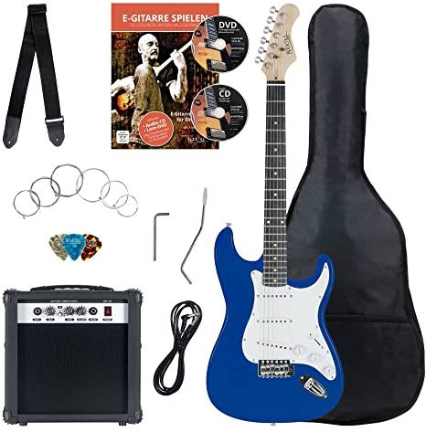 Rocktile Banger's Pack Komplettset E-Gitarre Blau (Verstärker, Tremolo, Tasche, Kabel, Gurt, Plecs, Ersatzsaiten und Schule mit CD/DVD)