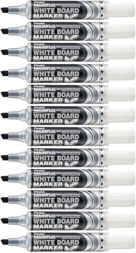 Pentel Maxiflo Dry Wipe Chisel Tip Marker - Black (Pack of 12), MWL6-AO