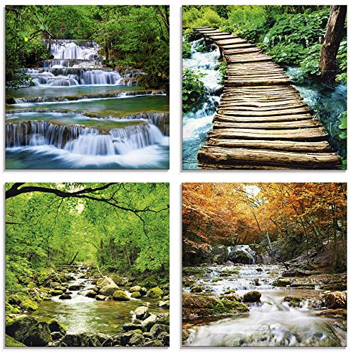 ARTland Wanddeko Glasbilder Wandbild Glas Bild Set 4 teilig je 20x20 cm Quadratisch Natur Wald Urwald Dschungel Wasserfall Fluss Felsen Jahreszeiten S6GL