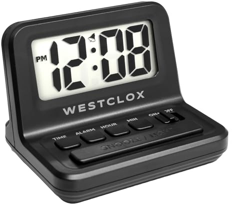 Westclox LCD Digital Bedside Alarm Clock with White Backlit Display and Snooze Function, Battery Operated, (Black, 3-Inch)
