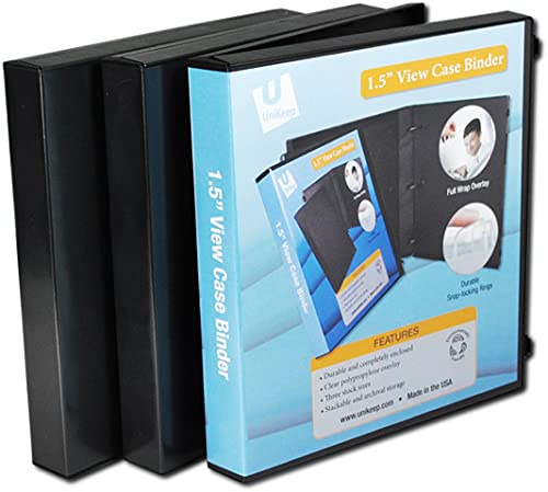 UniKeep 3 Ring View Binder - Binder Case is Fully Enclosed - Available in White, Clear, or Black and in Different Spine Sizes (Pack of 3, Black, 1.5 Inch)