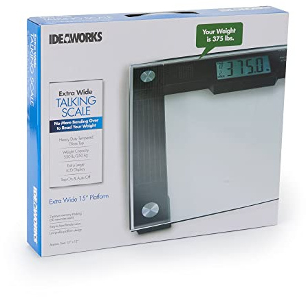 Ideaworks JB5824 Extra Wide Talking Scale-Visual & Voice Display Scale- 550 Pounds Max-Tamper Glass-Extra Wide Width-Large LCD Display-Tap On & Off Auto Function