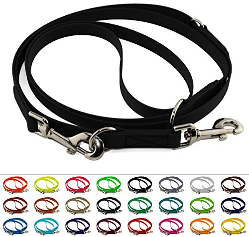 LENNIE Verstellbare BioThane Führleine, 9mm breit, 3m lang, Schwarz, genäht, Doppelleine