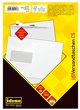 Idena 11117 - Versandtaschen DIN C5, 10 Stück haftklebend, Briefumschläge mit Fenster, aus 90 g/m² FSC-Mix Papier in Weiß