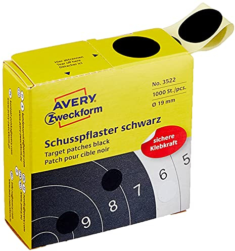 AVERY Zweckform 3522 Schusspflaster 1.000 Stück (Ø19mm, Zielscheibe, Schießsport, Schützensport, Schützenverein, Schützenscheibe, runde Aufkleber, permanent, Markierungspunkt, im Spender) schwarz