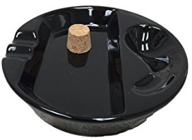 Hankstar Black Ceramic Single Pipe Rest and Double Cigar Ashtray for Patio Use