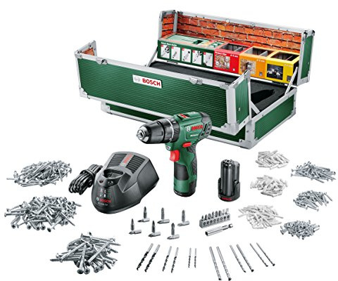Bosch DIY Akku-Schlagbohrschrauber PSB 10,8 LI-2 Toolbox, 2 Akku, Ladegerät, 508 Zubehörteile, Koffer (10,8 V, 2,0 Ah, Max. Schrauben-Ø 6 mm, Max. Bohr-Ø Stahl/Holz/Stein 8/20/6 mm)