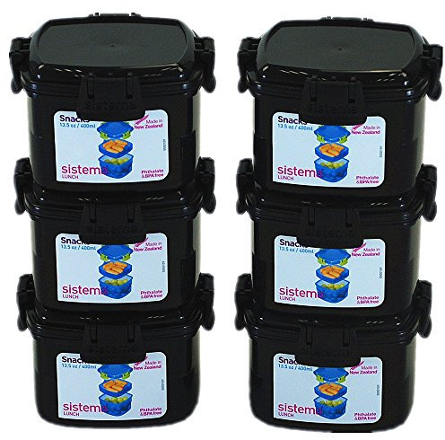 Sistema® Small Plastic Snack Fruit Breakfast Lunch Box Food Storage with Locking Clip Lid 400ml Black - BPA Free (6pcs)