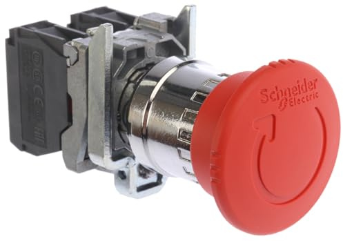 Schneider Electric Harmony XB4 Not-Aus/Not-Halt-Schalter, Metall, 22mm, Pilz 40mm, Drehentriegelung, 1S+1Ö, rot, Artikelnummer XB4BS8445